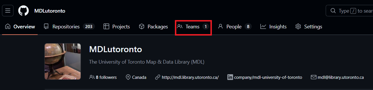 MDLutoronto GitHub repository main page with Teams tab highlighted