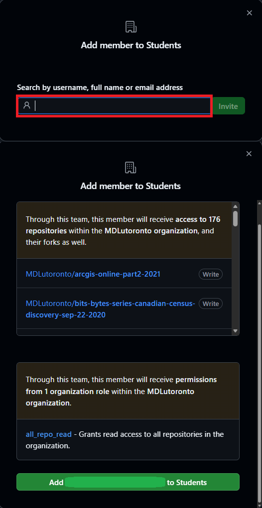'Students' team page with search and add member section highlighted