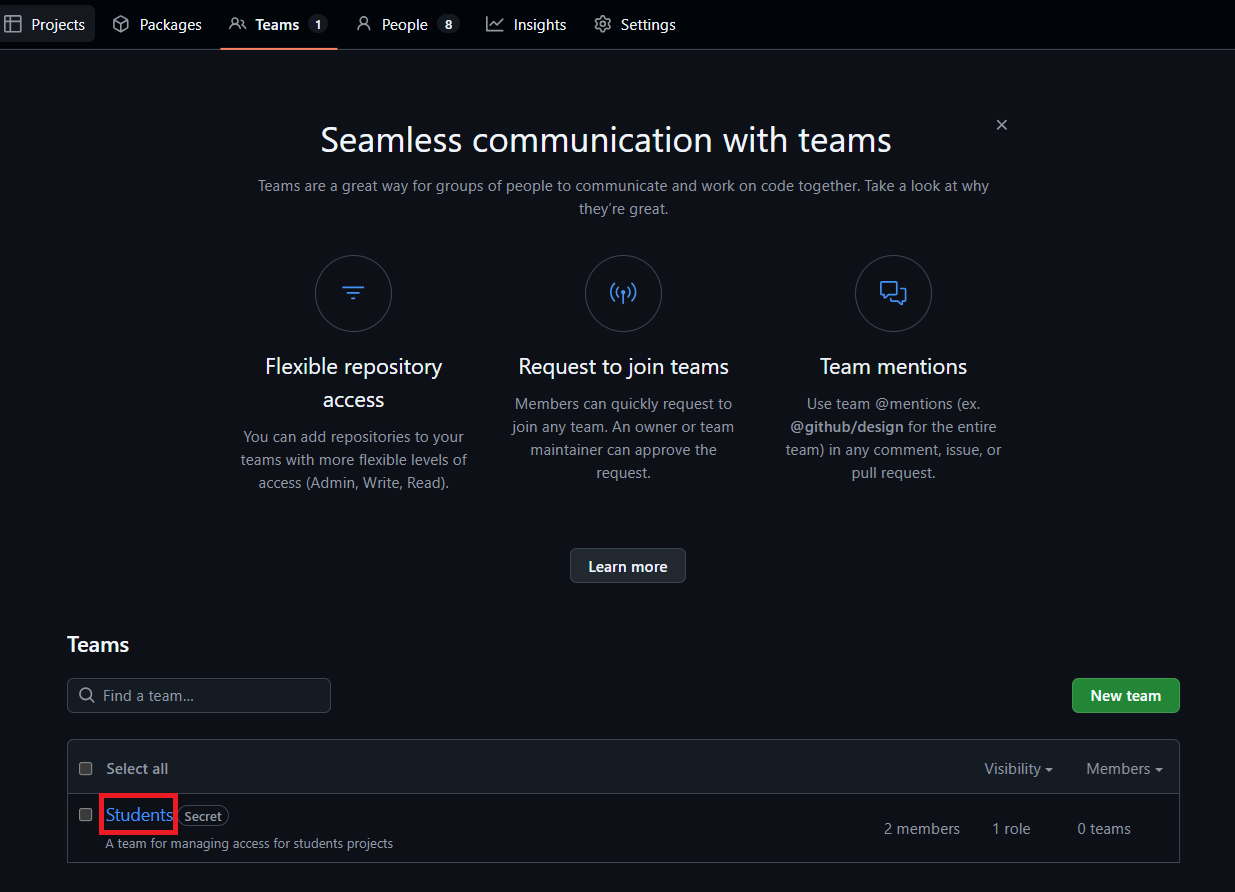 List of teams in the MDLutoronto GitHub repository with the 'Student' team highlighted