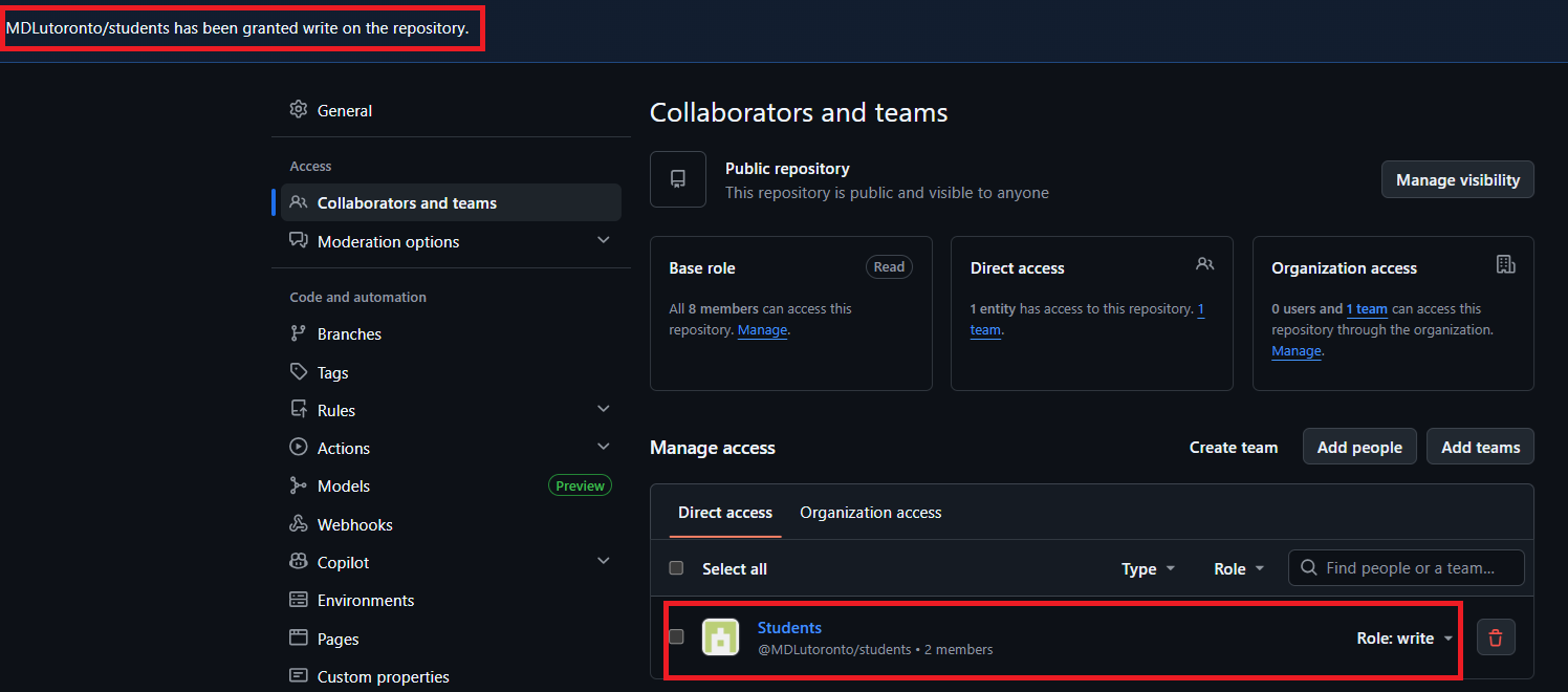 Confirmation message for granting write access to the 'Students' team, with 'Role: write' displayed next to the 'Students' team in the list of teams with access to the repository