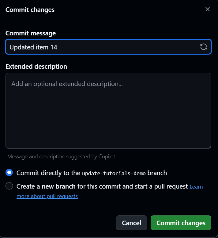 Commit changes popup