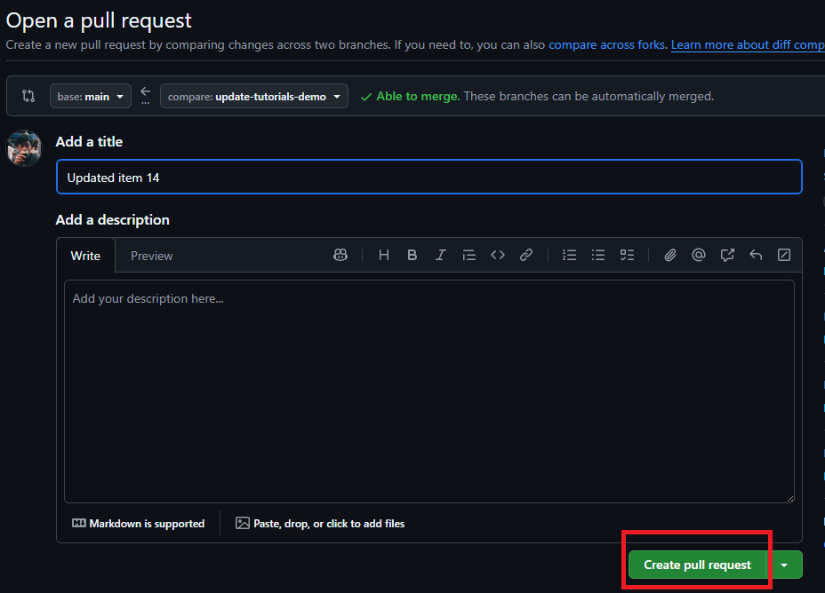 Create Pull Request page