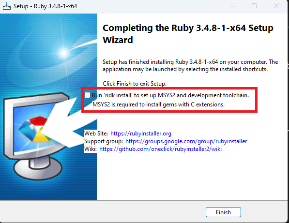 Uncheck Run ridk install