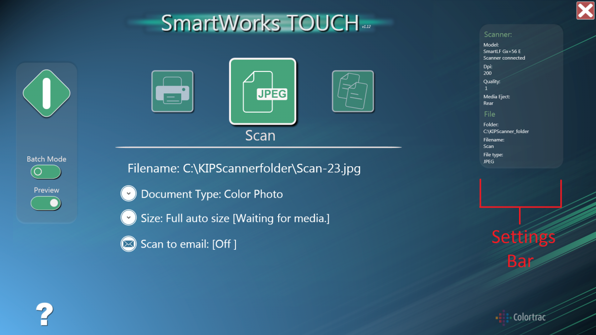 Smartworks Touch program with settings bar highlighted.