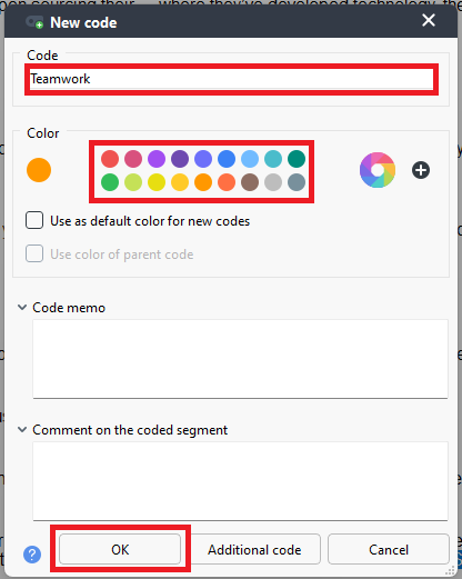 Teamwork code, colour options and OK highlighted