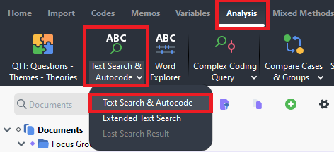 Analysis, ABC Text Search & Autocode, and Text Search & Autocode drop-down highlighted