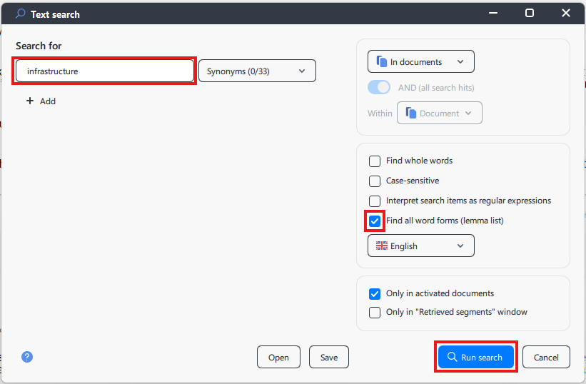 infrastructure, Find all word forms (lemma list) and Run search highlighted