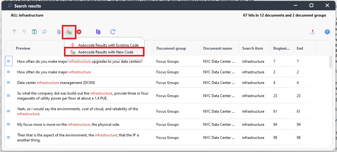 Autocode Results with New Code highlighted