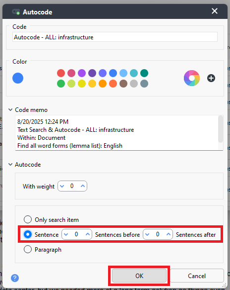 Sentence with 0 as settings and OK highlighted