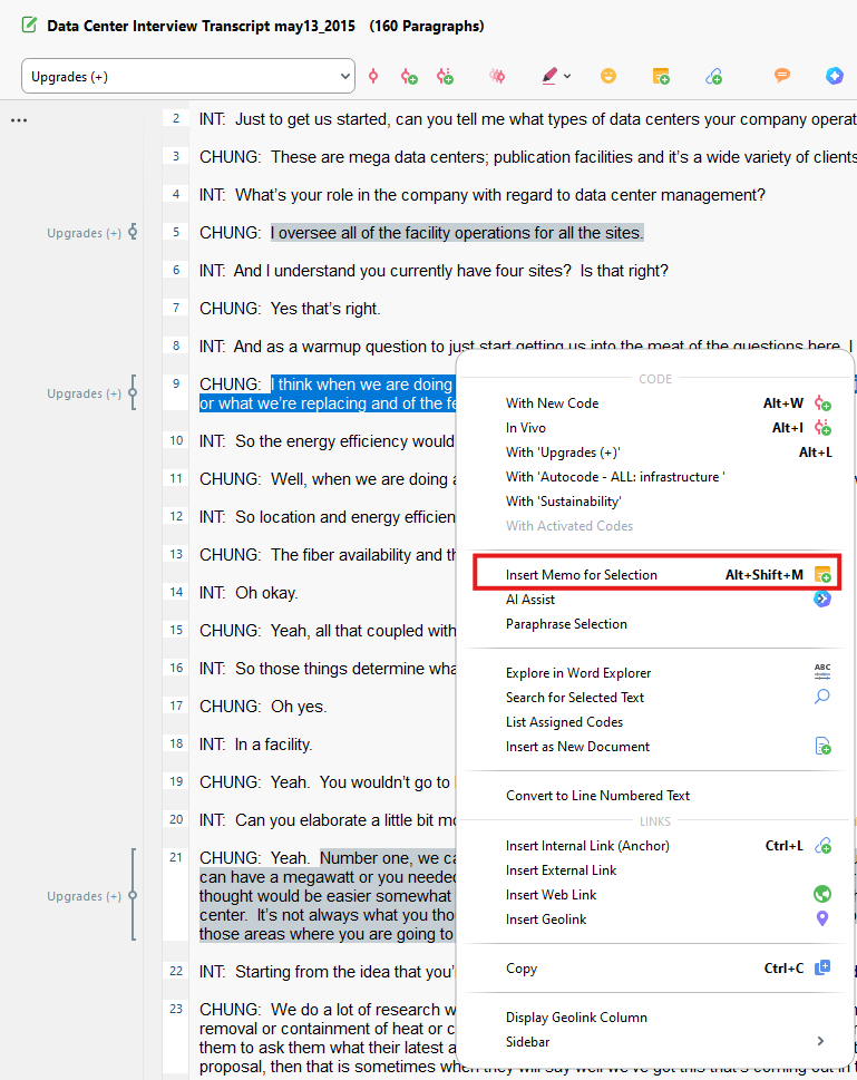 Insert Memo for Selection highlighted