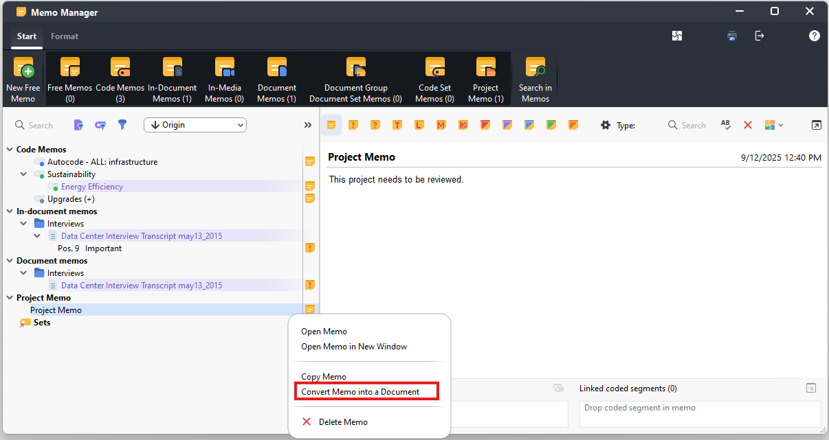 Convert Memo into a Document highlighted