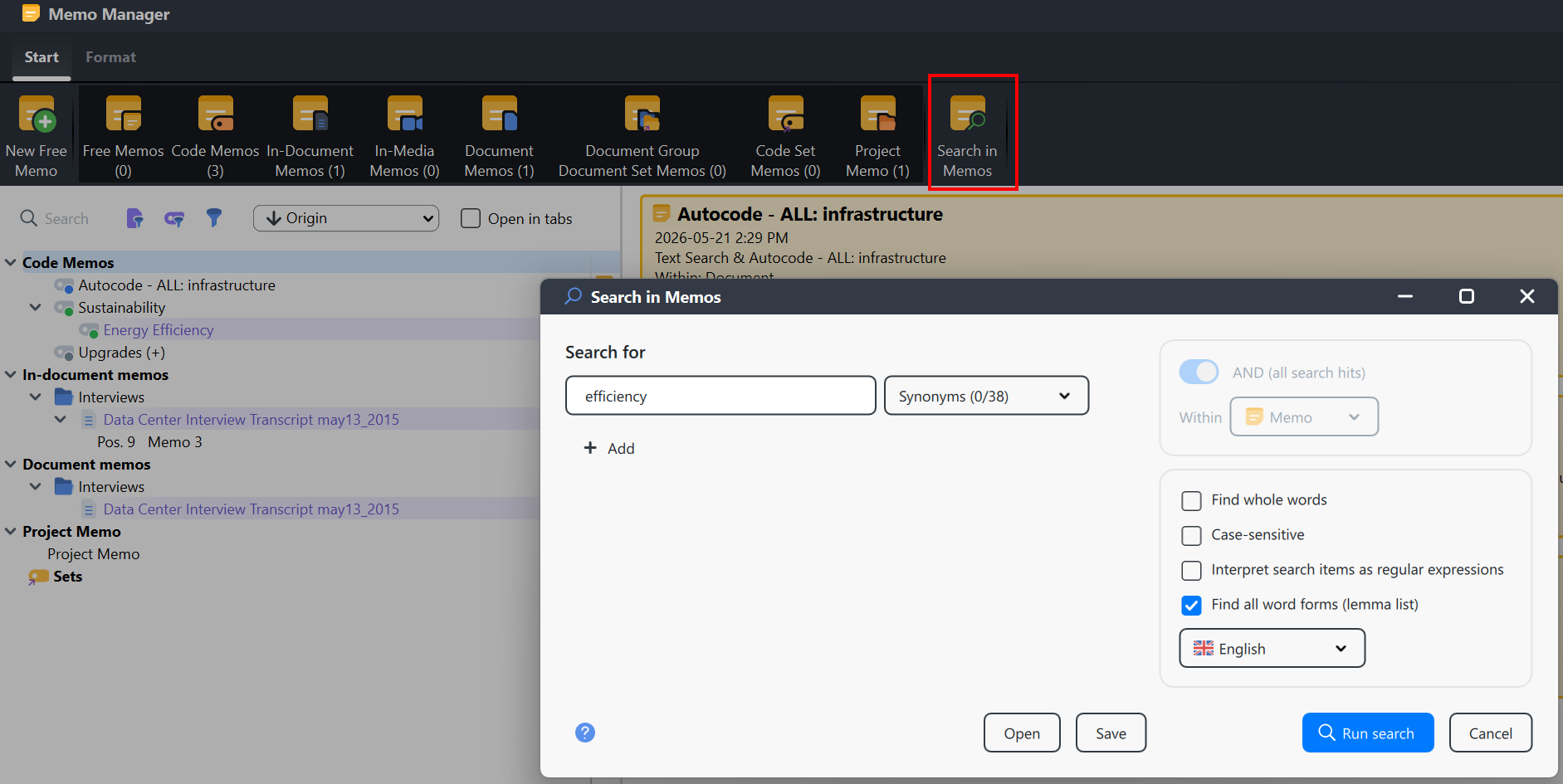 Search in memos highlighted