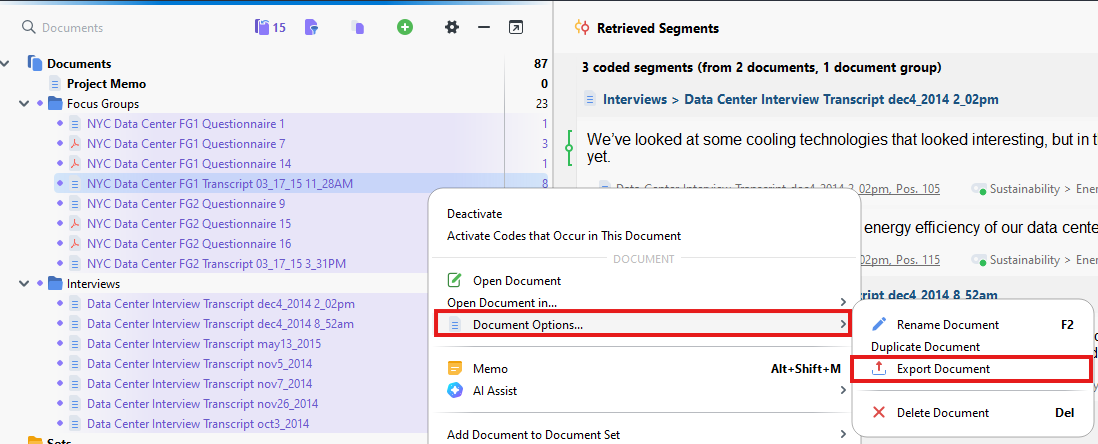 Document Options and Export Document highlighted