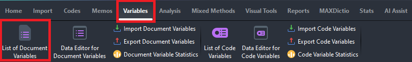 Variables and List of Document Variables highlighted