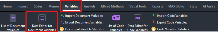 Variables and Data Editor for Document Variables highlighted