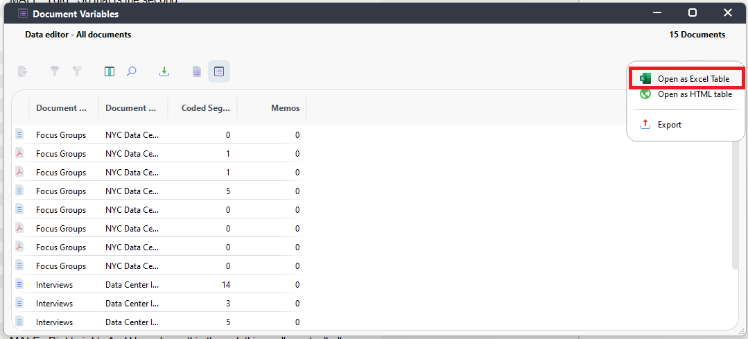 Open as Excel Table highlighted