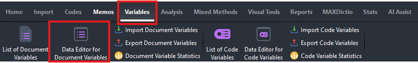 Variables and Data Editor for Document Variables highlighted