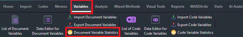 Variables and Document Variable Statistics highlighted