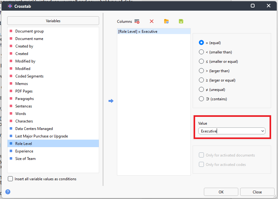 Executive selected from drop-down Value