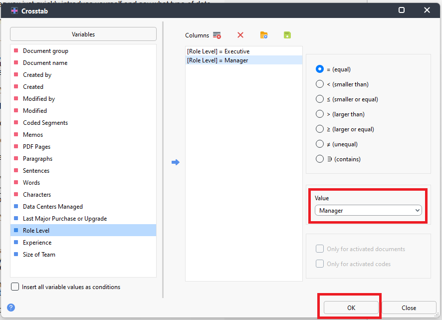 Manage selected from Value drop-down and OK highlighted