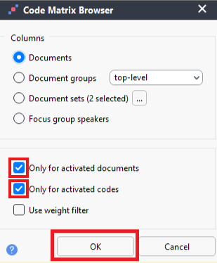 Only for activated documents toggled on, Only for activated codes toggled on and OK highlighted