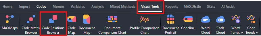 Visual Tools and Code Relations Browser highlighted