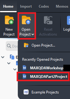 Open Project and MAXQDAPart2Project highlighted