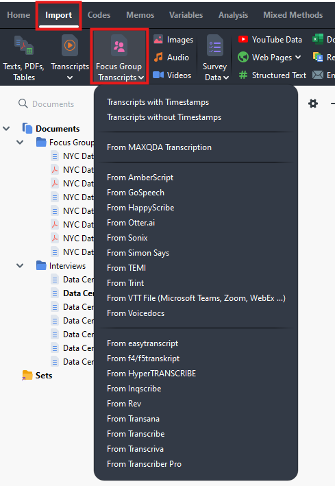 Import and Focus Groups Transcripts highlighted