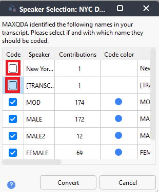 First two codes in list deselected buttons highlighted