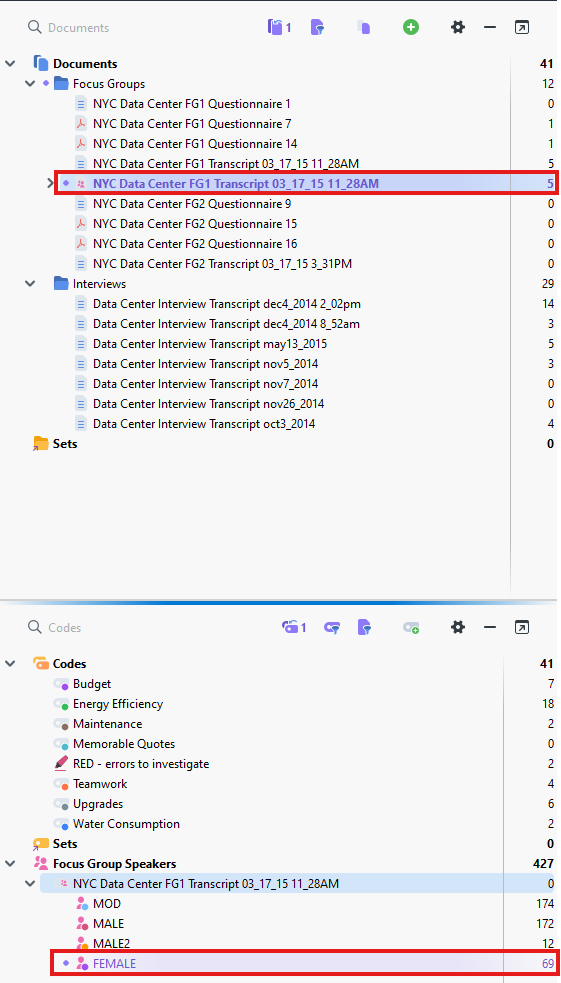 NYC Data Center FG1 Transcript and FEMALE code highlighted