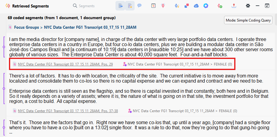 NYC Data Center FG1 Transcript with FEMALE codes only highlighted