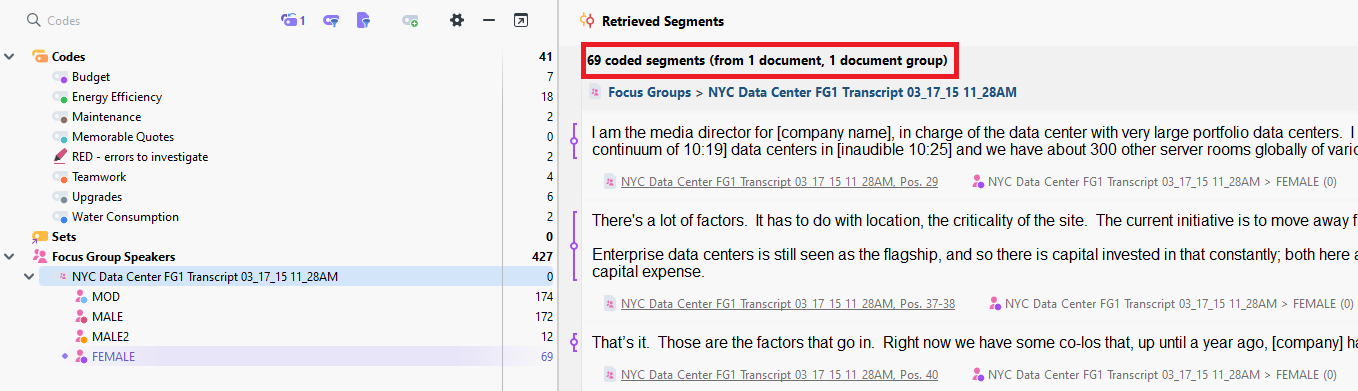 69 coded segments highlighted in Retrieved Segments panel