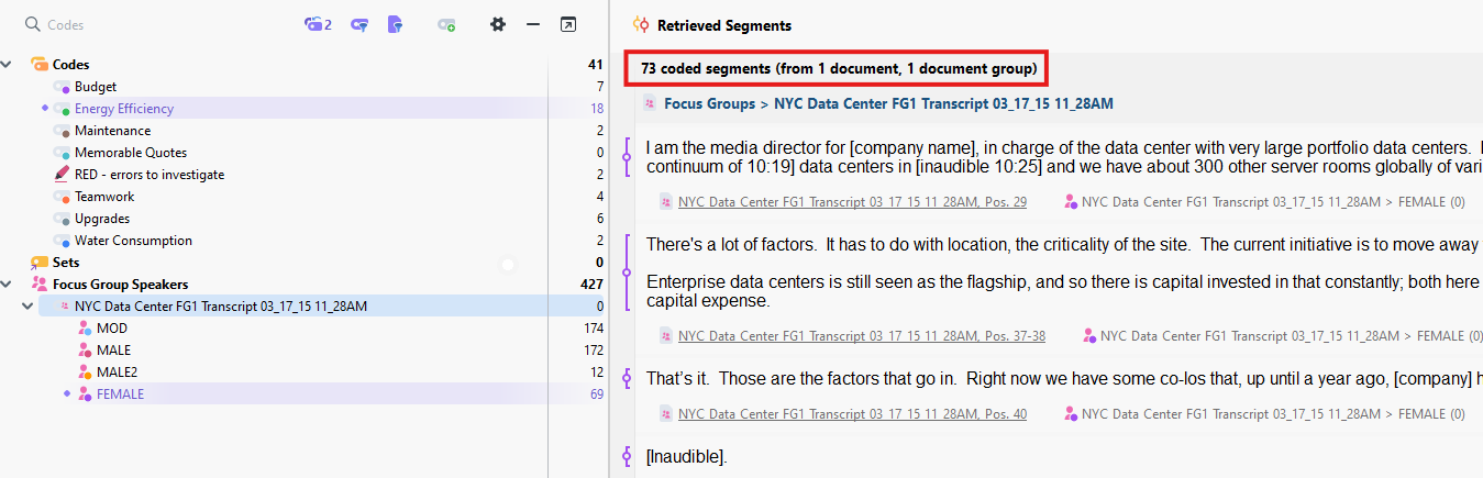 69 coded segments highlighted in Retrieved Segments panel