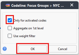 Only for activated codes toggled on and OK highlighted