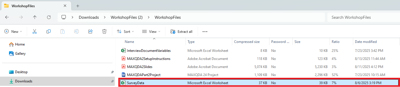 SurveyData Excel file highlighted in File Explorer
