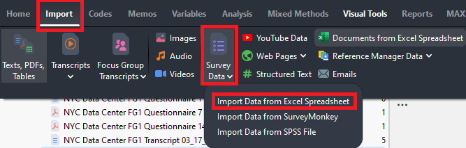 Import, Survey Data and Import from Excel Spreadsheet dropdown highlighted