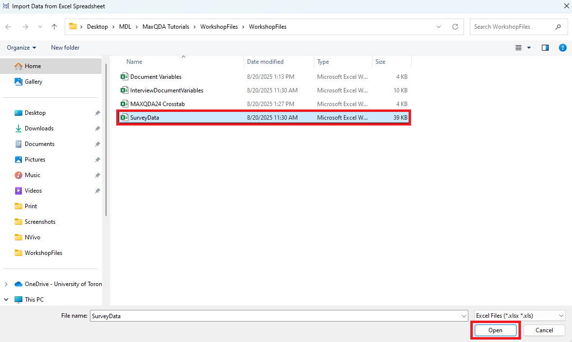 SurveyData Excel file and Open highlighted in File Explorer