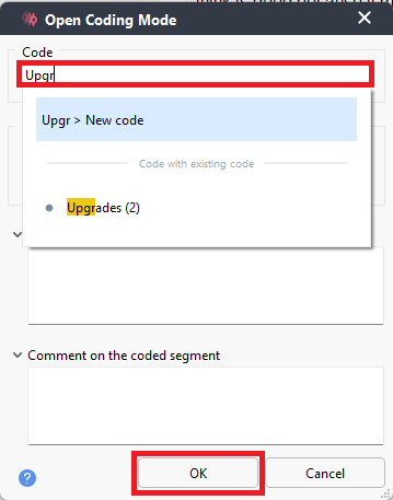 Upgrades code and OK highlighted in Copen Coding Mode