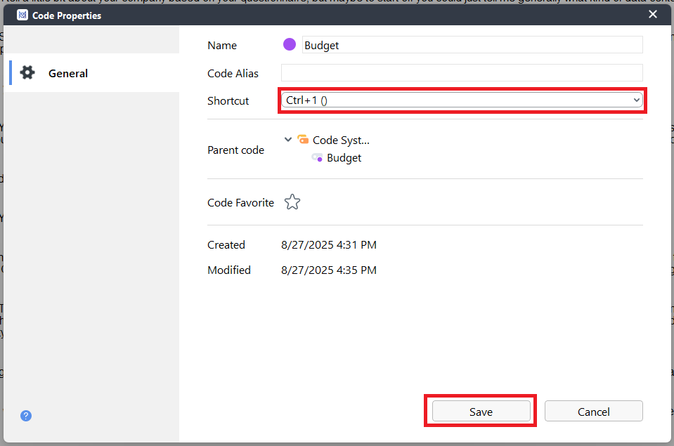 Ctrl + 1 () and Save highlighted