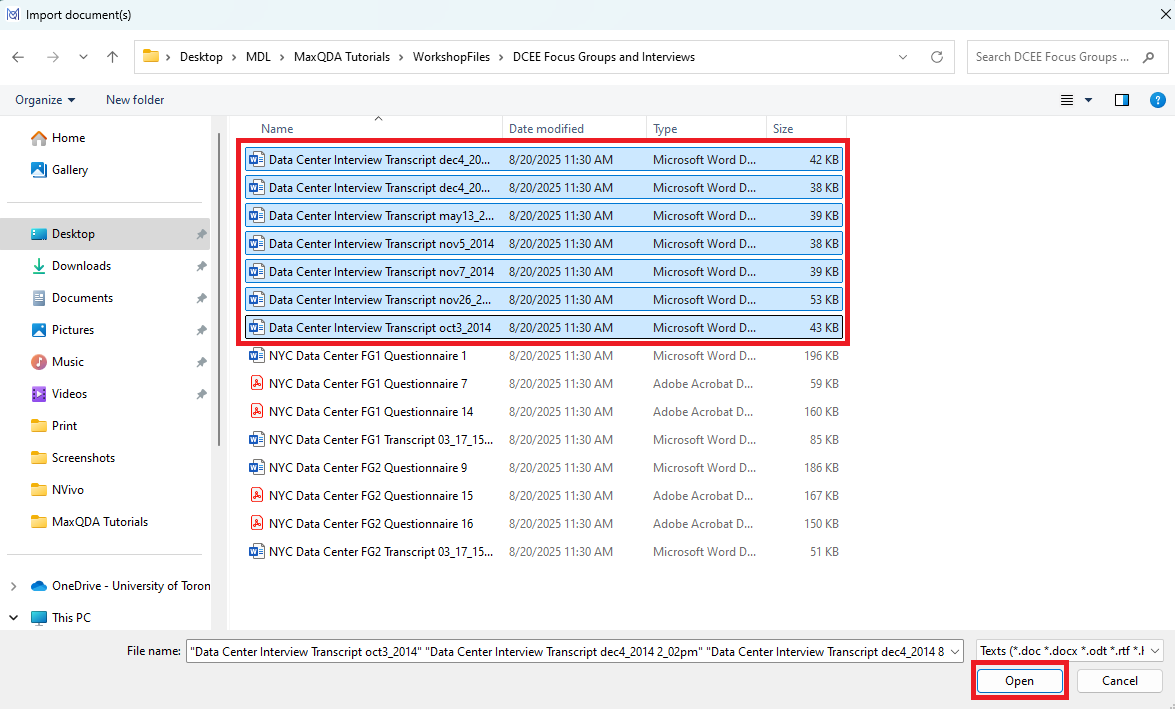 Seven Data Canter Interview files and Open button highlighted