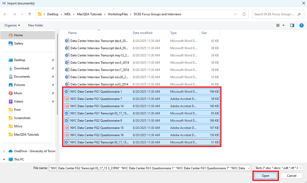Eight (8) files with NYC in the title and Open highlighted
