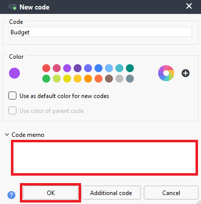 Code memo and OK highlighted
