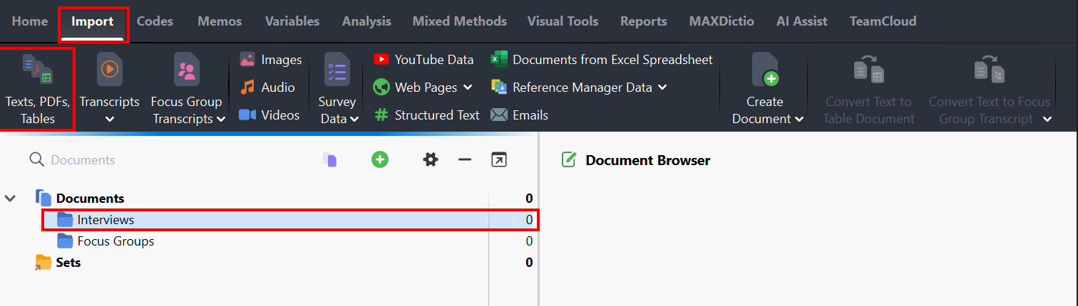 Import Menu, then Texts, PDFs, Tables option highlighted, along with the Interviews folder highlighted