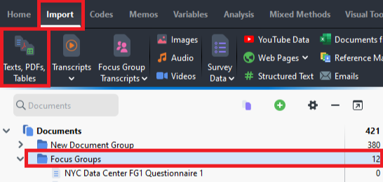 Import and Texts, PDFs, Tables in the menu bar and Focus Groups under Documents highlighted