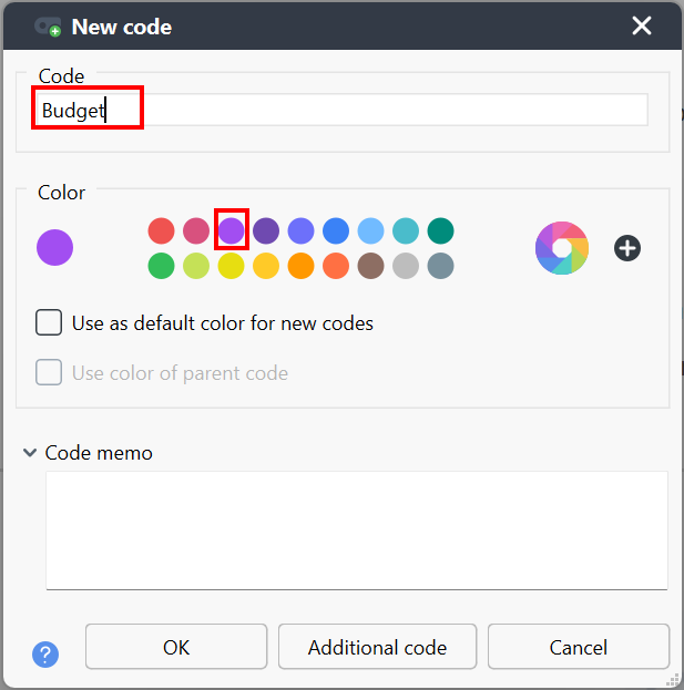 New Code pop-up window with the name Budget highlighted along with the purple colour selection.