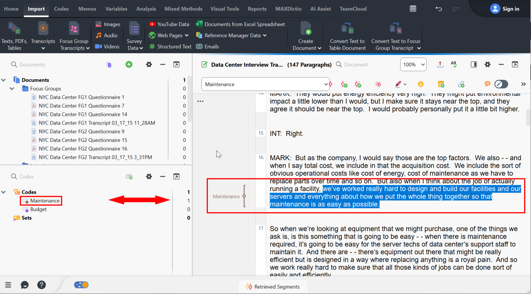 Some text has been highlighted and coded as Maintenance (a double-headed arrow shows how you can drag the code or text)