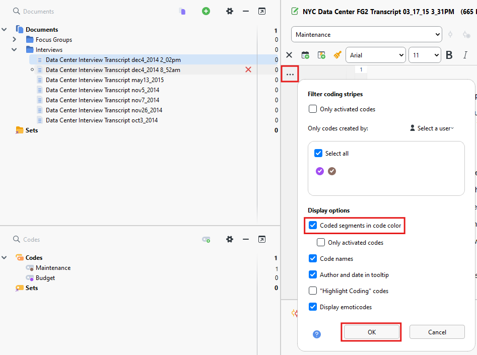 The three dots at the top left of the open document are highlighted, along with the setting Coded segments in code colour, and the OK button.