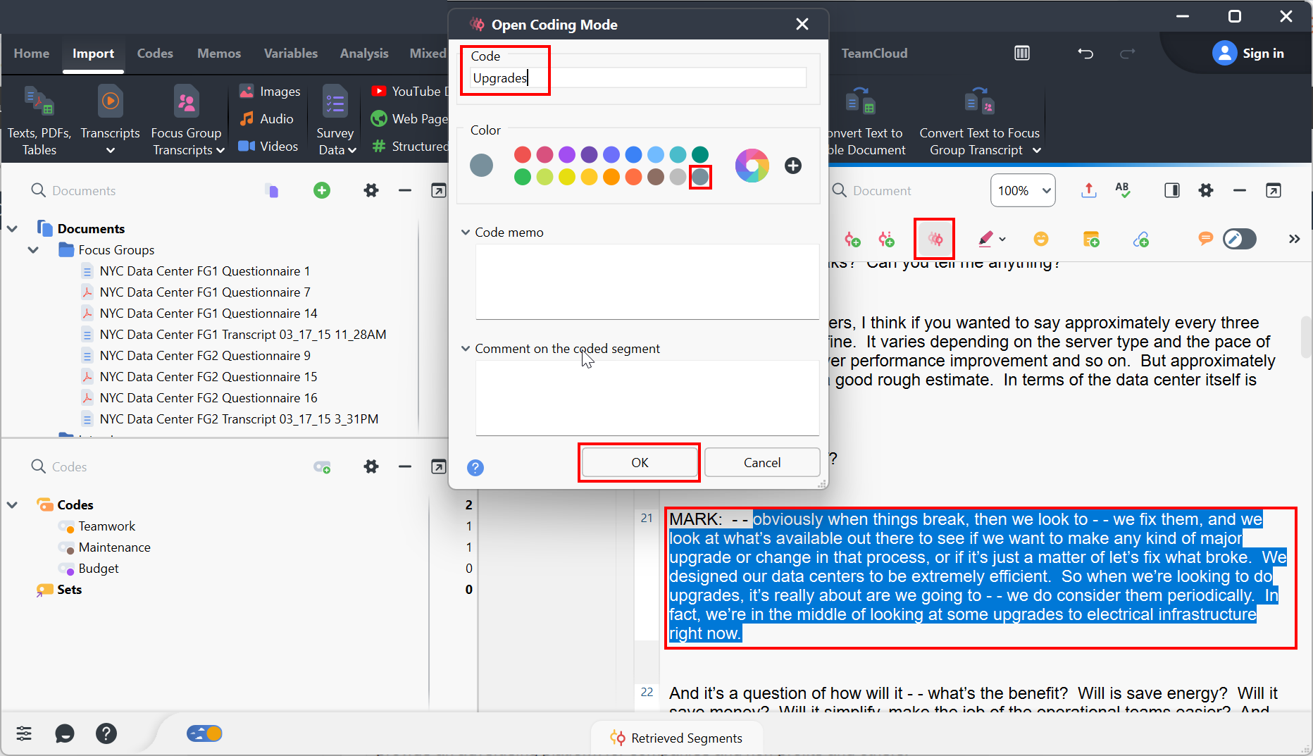 The Open Coding icon is highlighted and a pop-up window is show the Upgrades code created using the blue-grey colour. The coded text is also highlighted.