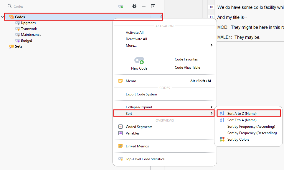 Codes, Sort, Sort A to Z (Name) highlighted