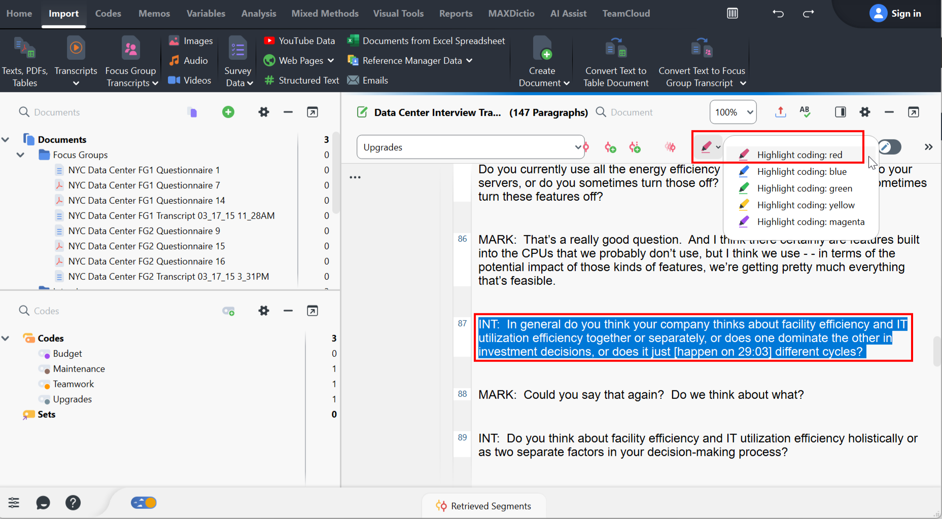 Text is highlighted and the Highlight coding: red option is highlighted